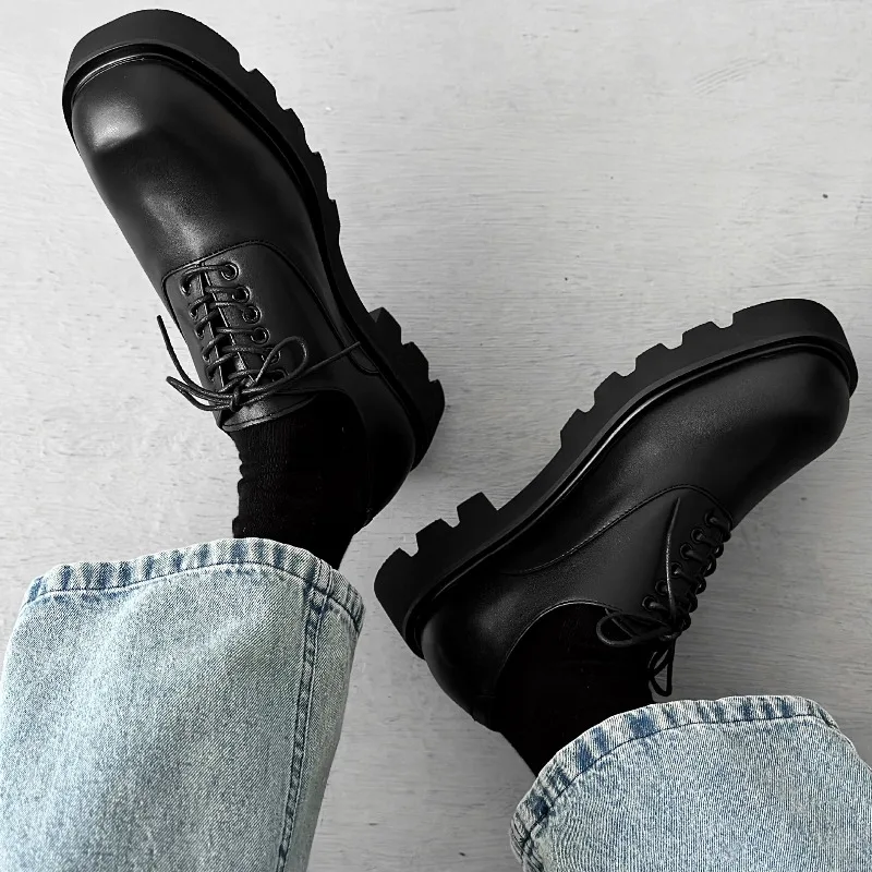 Square Headed Leather Shoes for Men with High-end Feel,thick Soled Korean Version,niche Design,men Height Increasing Derby Shoes