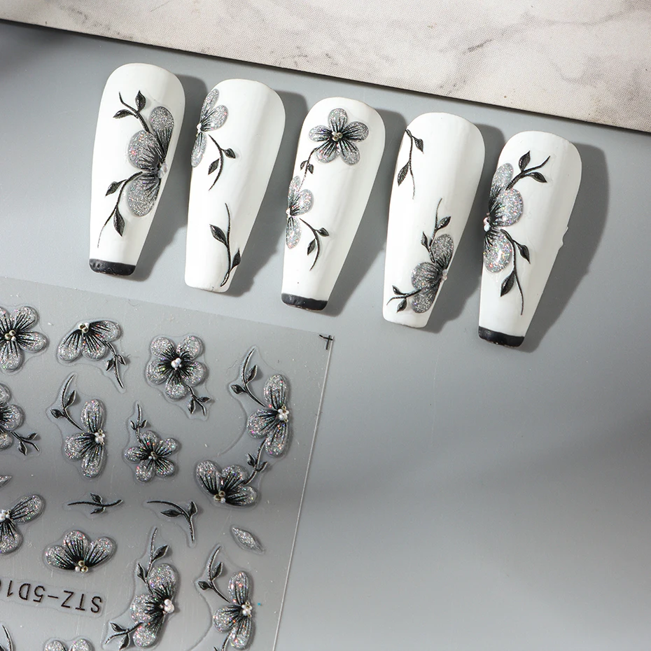 Autocollants pour ongles à paillettes noires 5D, aquarelle floraison, décalcomanies de transfert adhésif Floral de printemps, décor pour Nail Art coulissant
