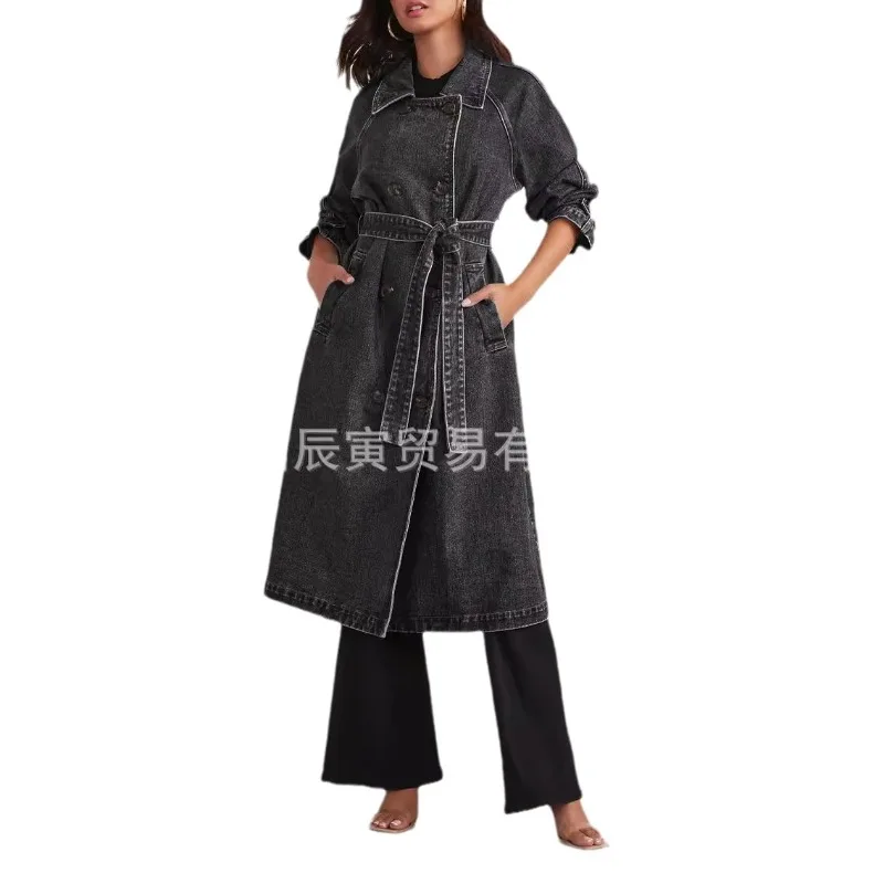 New European and American Autumn and Winter Women's Trench Coat Denim Solid Color Double Pockets Long Button-down Loose Coat