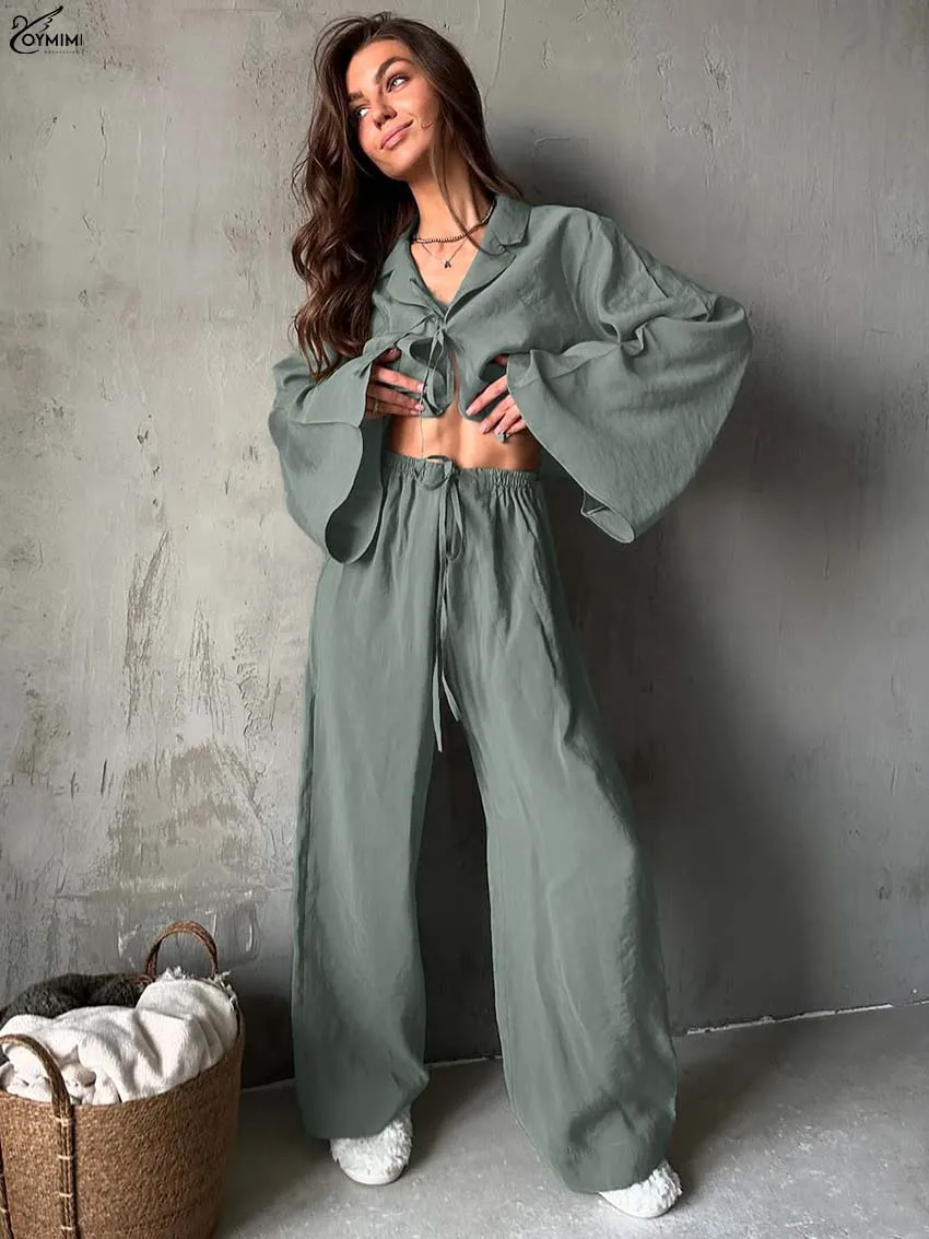 Oymimi أنيقة خضراء فضفاضة 2 قطعة مجموعات امرأة الزي موضة كم طويل الدانتيل متابعة القمصان والرباط مستقيم بنطلون مجموعات