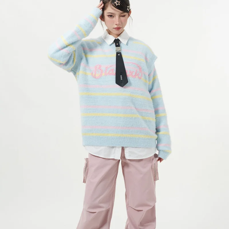 

Autumn Winter College Style Dopamine Removable Sleeves Pullovers Girls Loose Casual Striped Knitted Sweater Tops Female Clothes