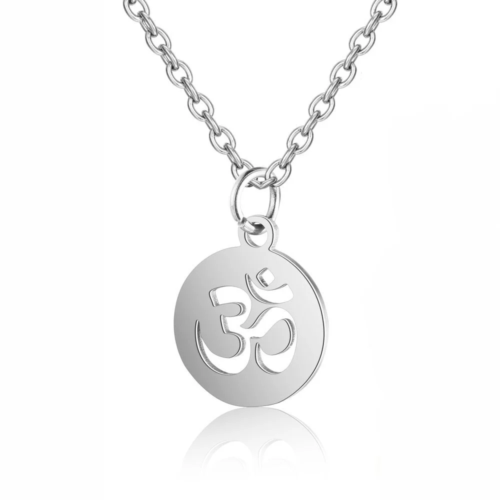 Religious Buddhism OM Aum Yoga Symbol Pendant Silver Color Stainless Steel Small Round Amulet Necklace for Women Jewelry Gift