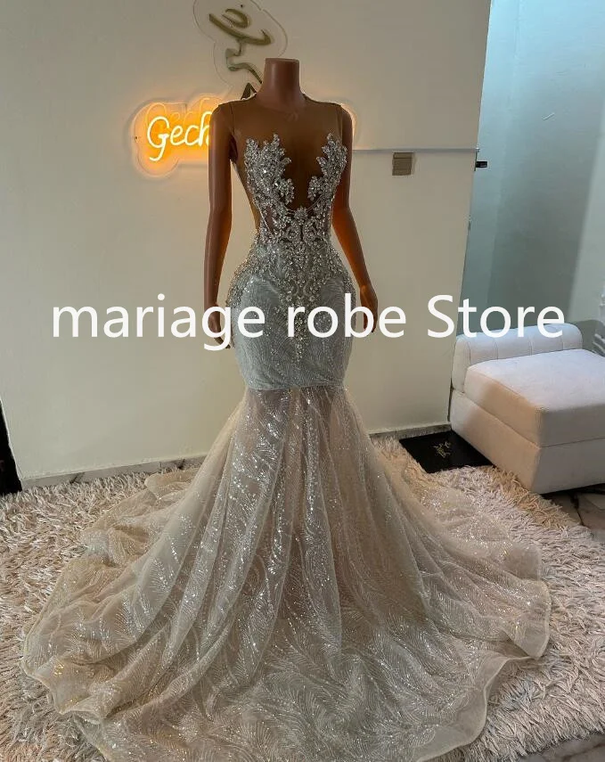 Ivory Champagne Sparkly Mermaid Prom Party Dresses for Black Girl 2025 Luxury Crystal Gillter Evening Gown Gala Shee Mesh