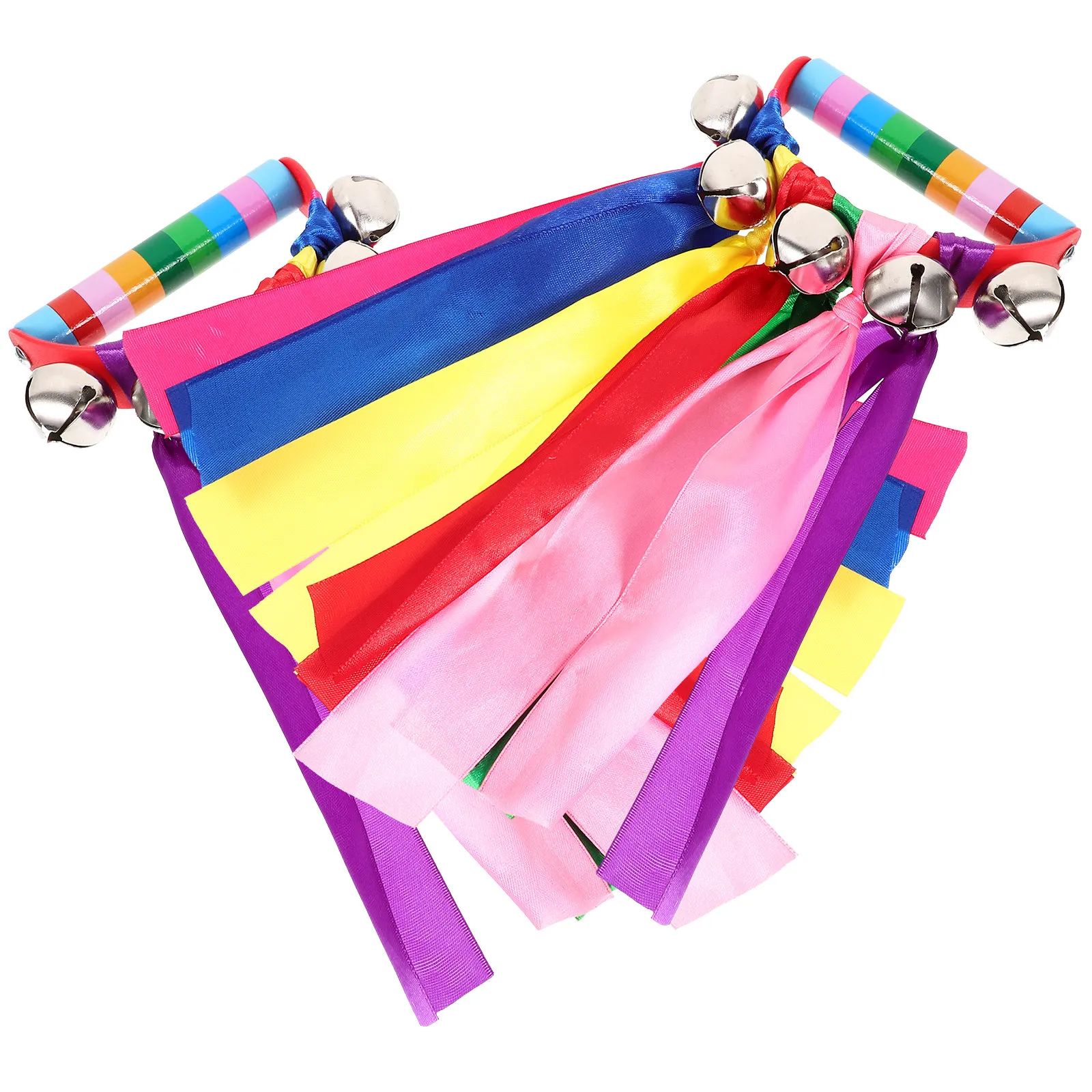 2Pcs Rainbow Ribbon Handheld Tambourine Jingle Bells Percussion Instrument Party Music Education Rhythmic Dance Accessories