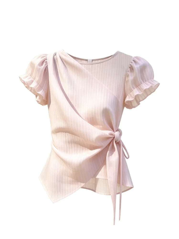 

CaraCLUB plus Size Bubble Sleeve Shirt Women's Summer New Style Slimming Asymmetrical Neckless round Neck Top Casual Fit