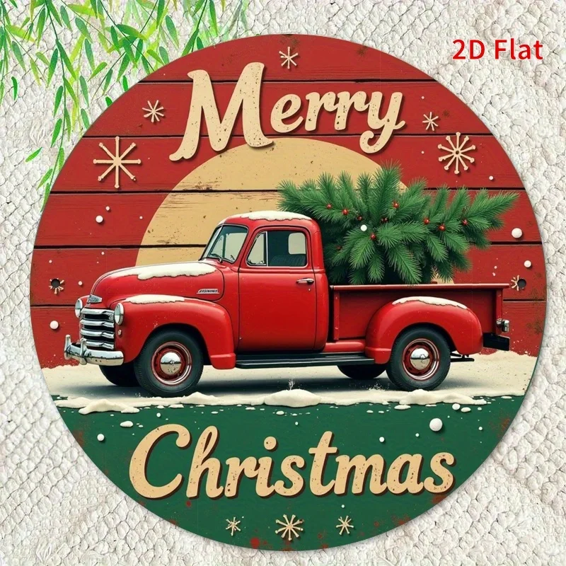 لافتة معدنية مسطحة ثنائية الأبعاد، قطعة واحدة من ديكور جدار العطلة الدائري - شاحنة حمراء بتصميم شجرة عيد الميلاد، نص "عيد ميلاد سعيد"، ندفة الثلج الاحتفالية