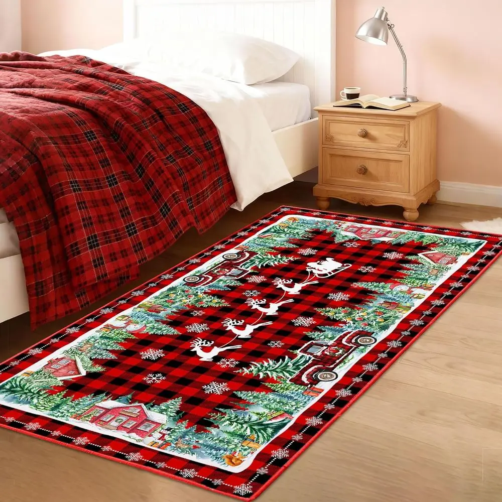 Karpet Natal Kotak-kotak Merah 3x5 - Dapat Dicuci, Anti-Selip, Bulu Pendek untuk Dekorasi Rumah di Hari Raya
