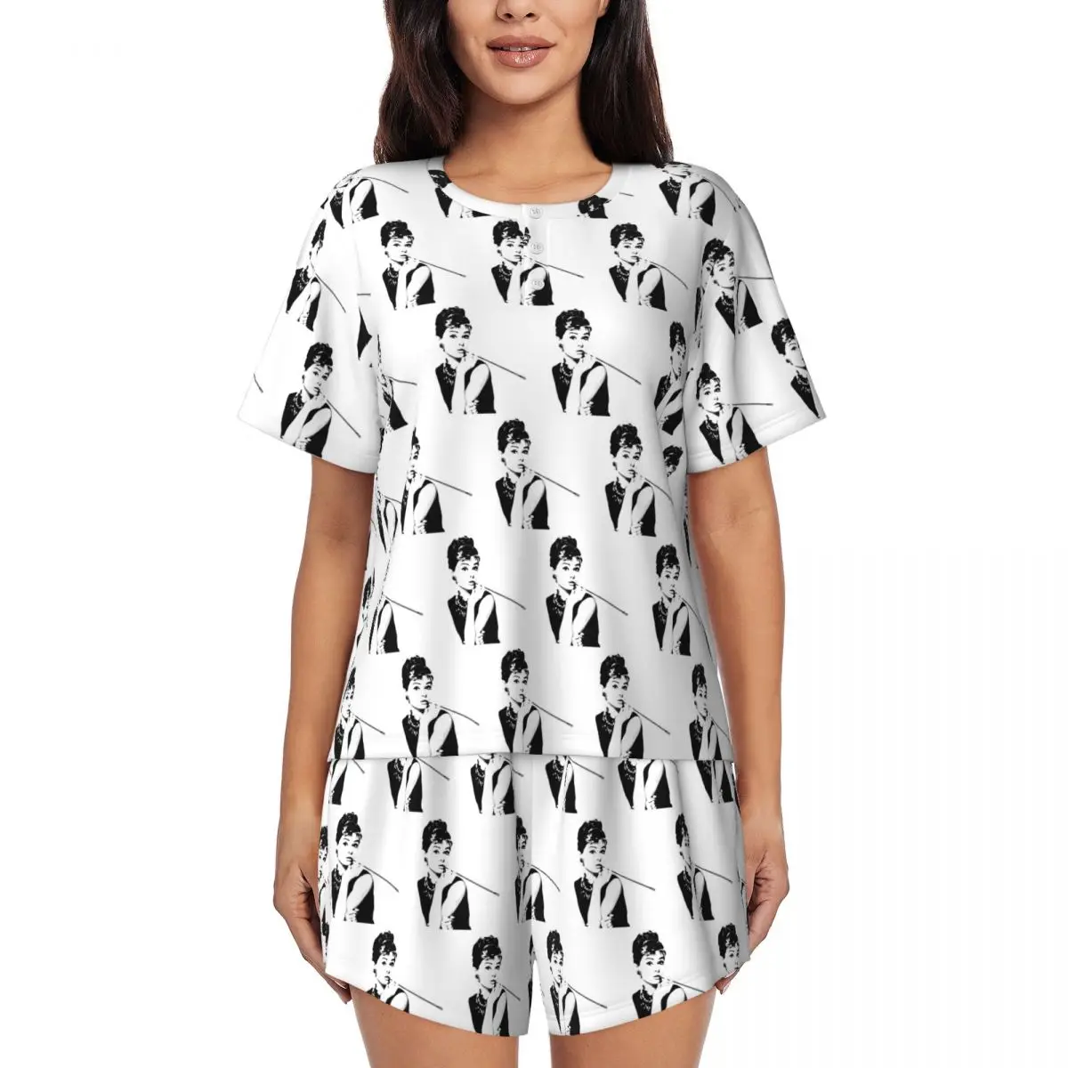 

Ночные рубашки с круглым вырезом и короткими рукавами с портретом Одри Хепберн, женские свободные пижамные комплекты с короткими брюками