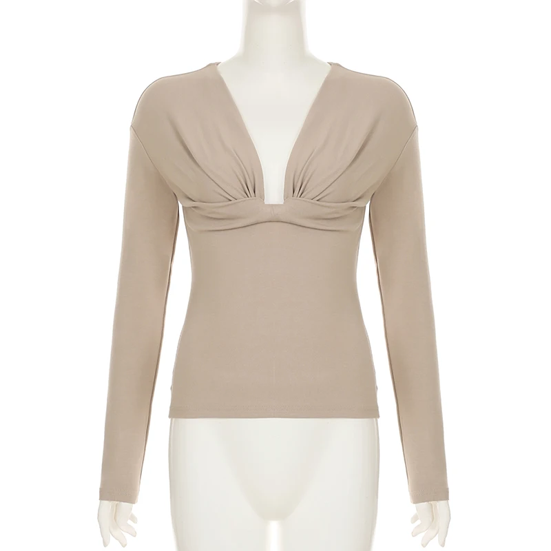 الأساسية العميق الخامس الرقبة تويست مثير تي شيرت مع لون البشرة تصميم الأزياء عارية اللون سليم صالح الأعلى فتاة حار المنخفضة قطع مطوي الصدر تيز #6