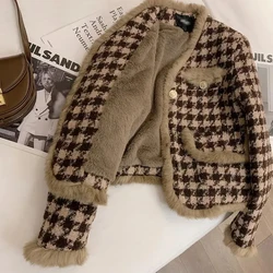 MEXZT Vintage Fleece Plaid Tweed Jacket Women Elegant Houndstooth Cropped Coat Winter Korean Velvet Thick Warm Short Outerwear