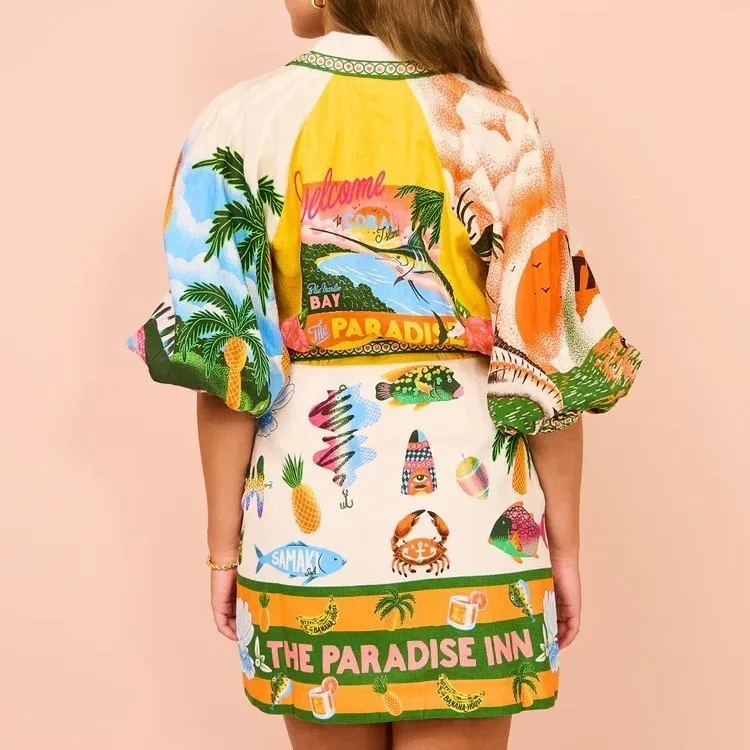 Cardigan irt imprimé Faion décontracté Ele Dr, polyvalent coréen, taille moyenne, bulle Sve, t-shirt en Fiber d'acétate, Dr