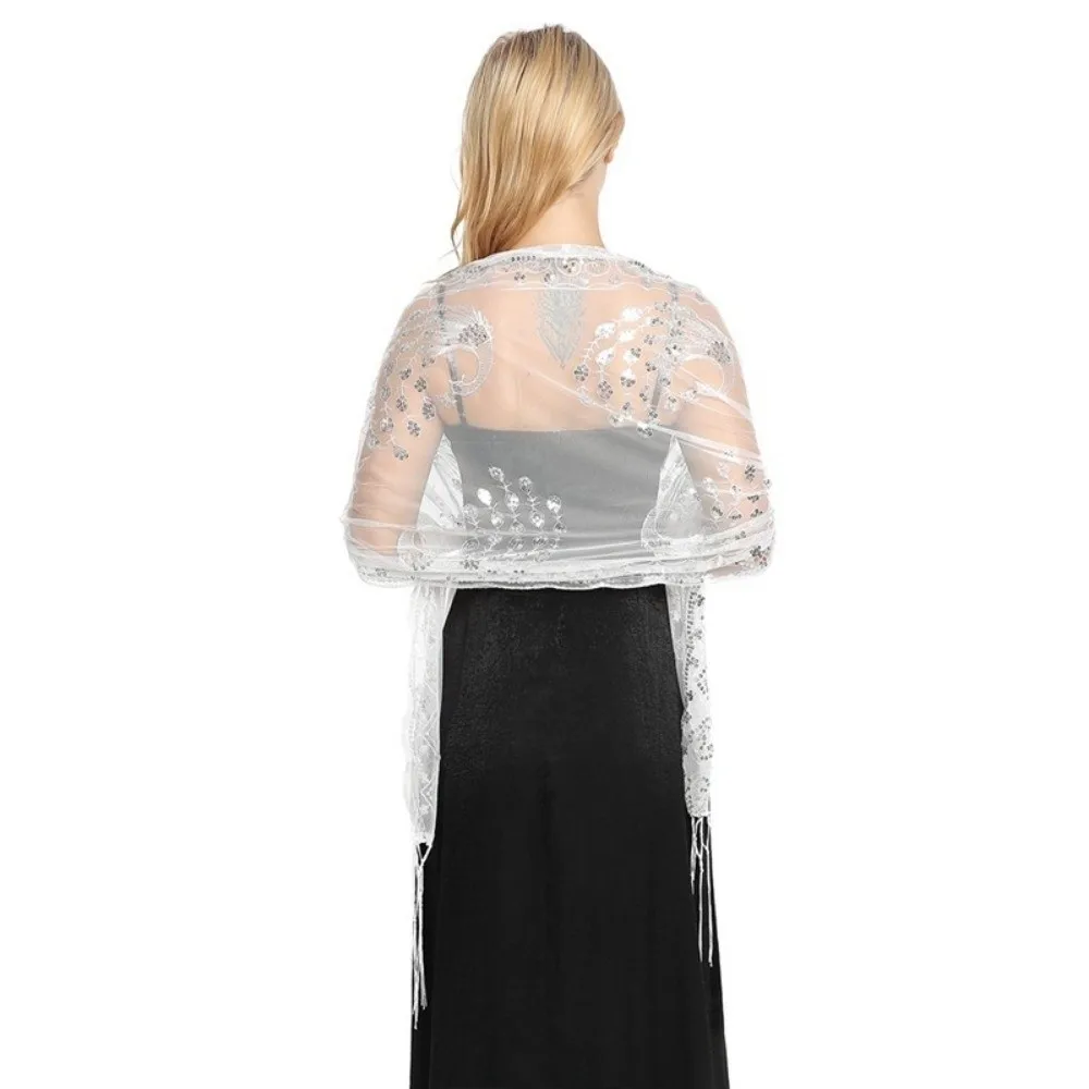 Fashion Sequins Elegant Wedding Shawl Lace Hollow Floral Breathable Tulle Sheer Scarf Embroidered Lace Lace Shawl for Women