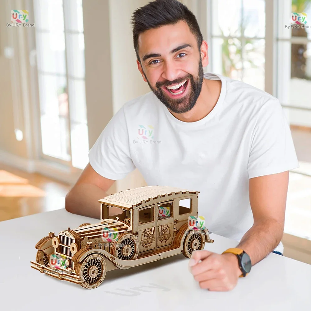 Ury 3D Wooden Puzzle Retro Vintage Car Classic Nostalgic Movies Vehicle Assembly Model DIY Decoration Gift Toys for Kids Adults