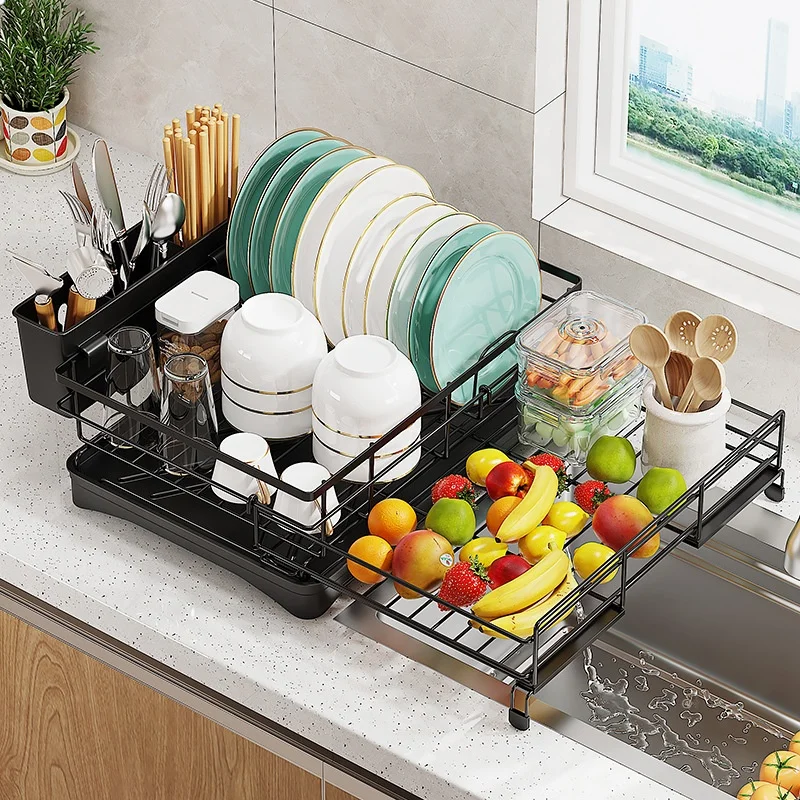 

Multi-Functional Metal Kitchen Dish Drying Dish Rack Extendable Countertop Sink Cutlery Organizer Drainage Device