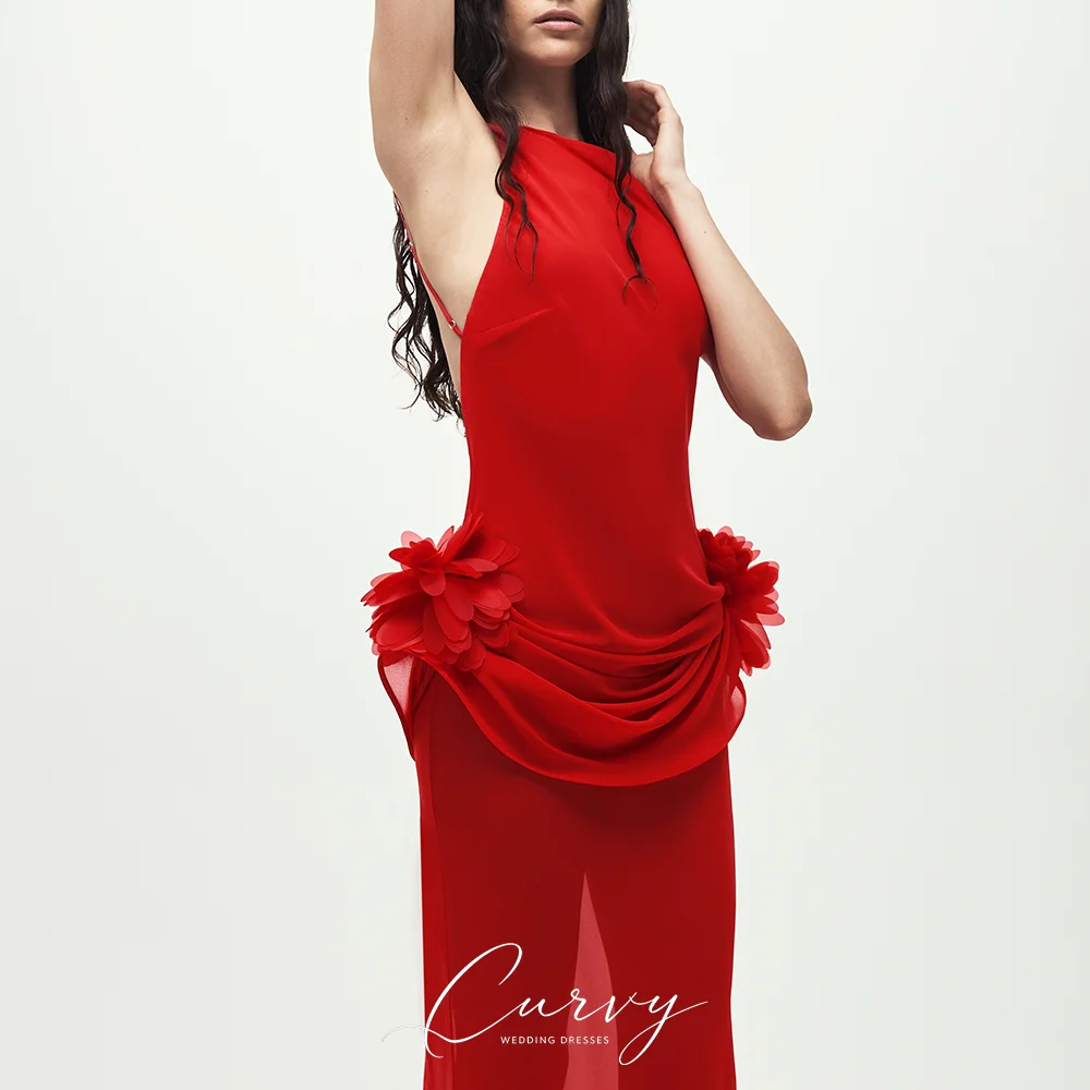 Curvy 2026 New Arrival Formal Red Prom Gowns for Women Thin Spaghetti Strap Deep V Back Chiffon for Prom Night Gala Customized