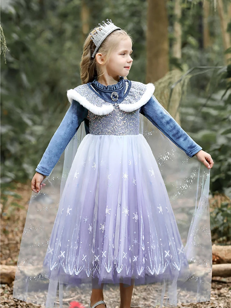 Girls' Autumn 2024 New Velvet Elsa Frozen Princess Dress Kids Blue Cape 2 Piece Set Warm Dresses For Winter Girl 3-9 Years Old ﻿