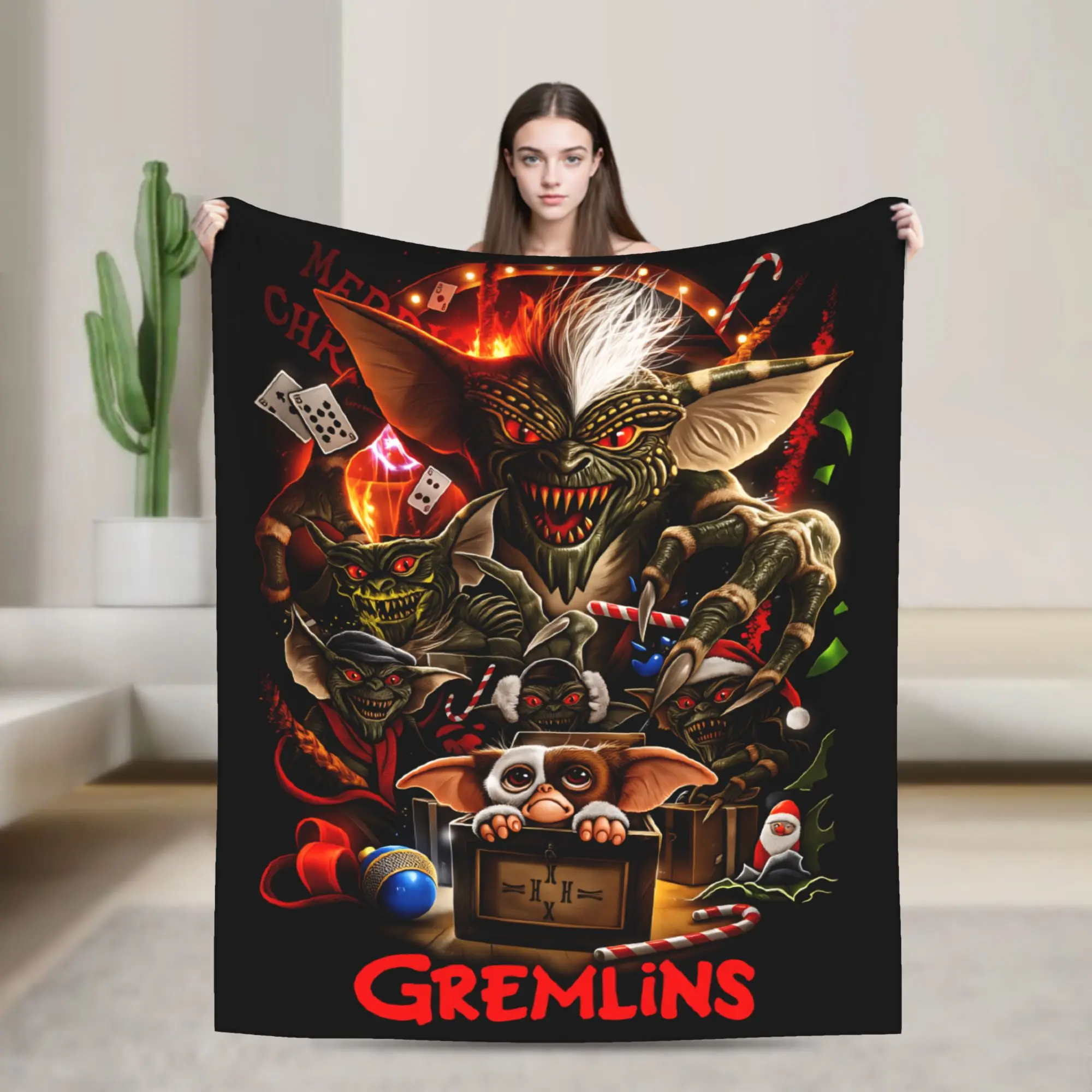 Manta navideña de monstruo Mogwai Gremlins, manta cálida y suave de calidad G-Gremlins Gizmo, decoración de viaje de otoño, colcha divertida