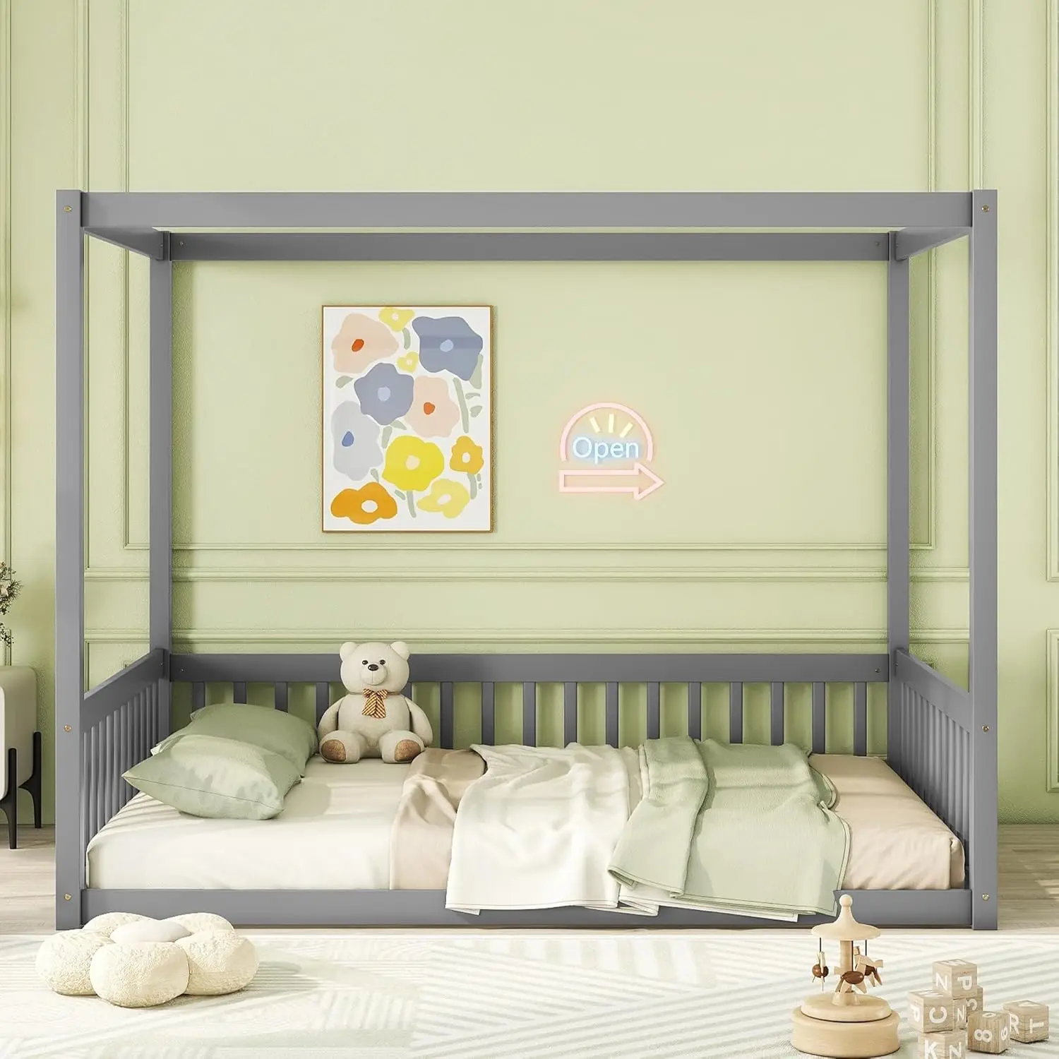 إطار سرير كامل الحجم مع درابزين، تصميم بأربعة ملصقات، سرير أرضية مونتيسوري للأطفال، خشب (كامل، رمادي)