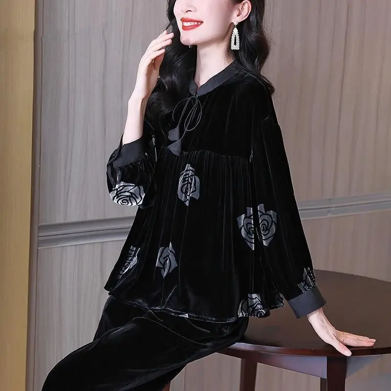 

Весенне-осенняя корейская модная женская футболка с длинными рукавами из вельвета, свободного кроя, с воротником-стойкой, принтом и шнуровкой JJ12