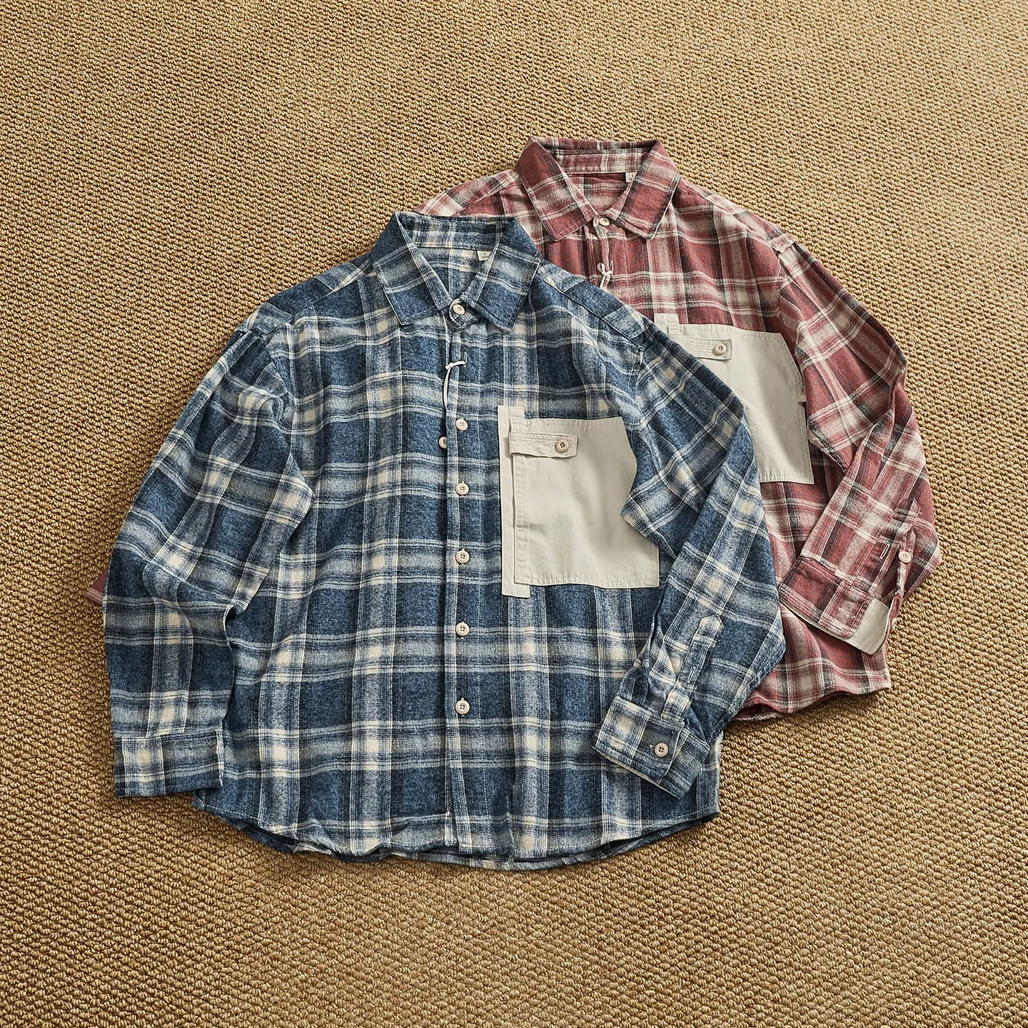 100% cotton retro workwear color-blocked plaid long-sleeved shirt for men in spring and autumn washed brushed casual outer shirt