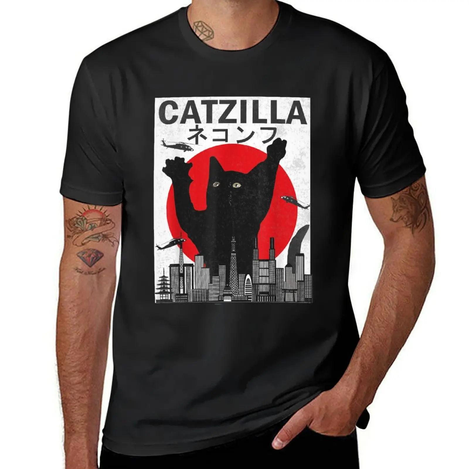 

Vintage Catzilla Japanese Sunset Style Cat Kitten Lover T-Shirt plus sizes anime clothes new edition mens champion t shirts