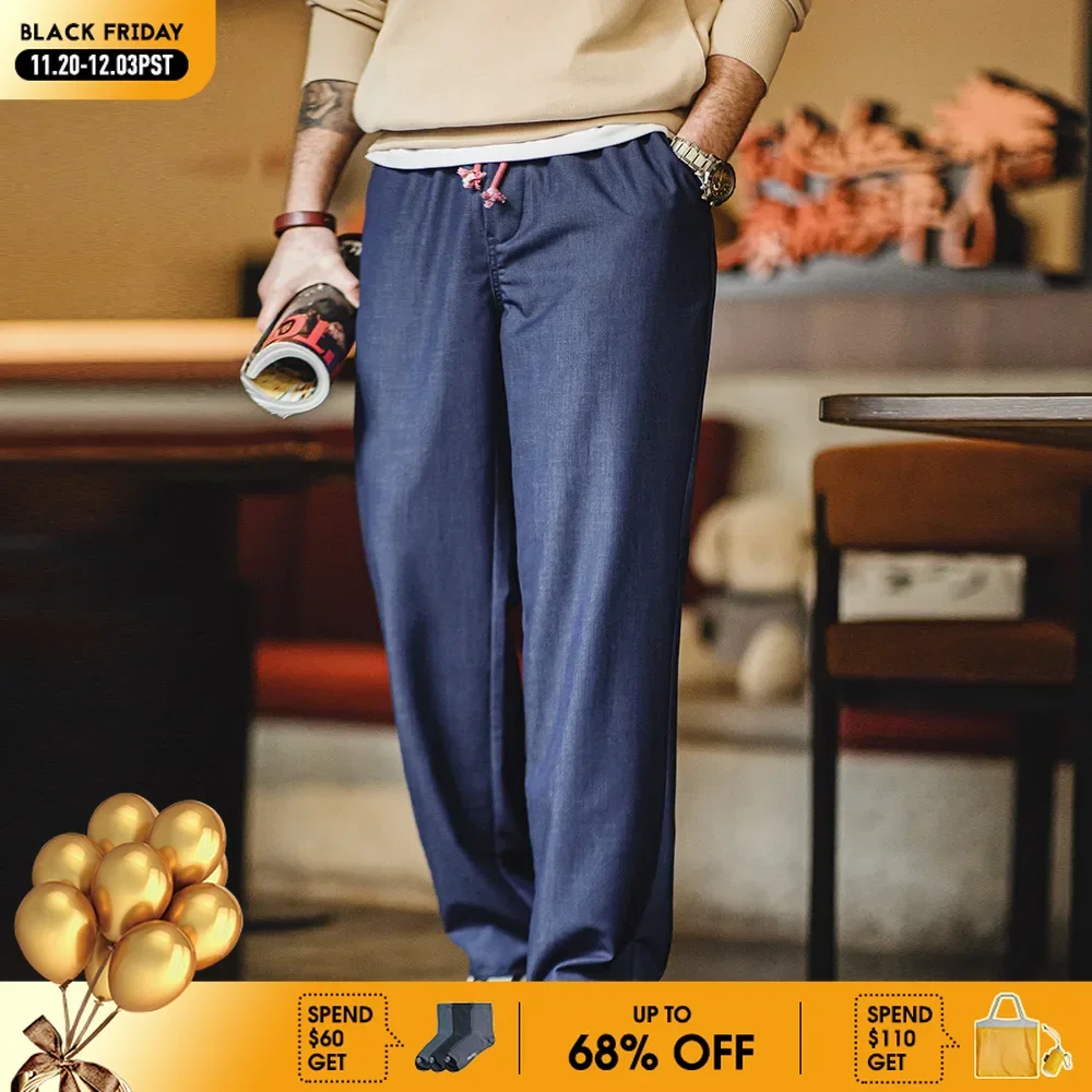 

Maden мужские винтажные свободные прямые джинсовые брюки со средней талией, дышащие повседневные длинные брюки с эластичной резинкой на талии, однотонные брюки