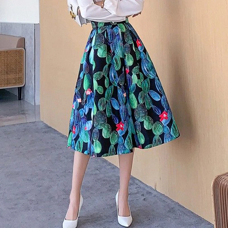 

2022 spring autumn green leaves, white flowers, embroidered puffy skirt, women's new half-length large high-waist skirt