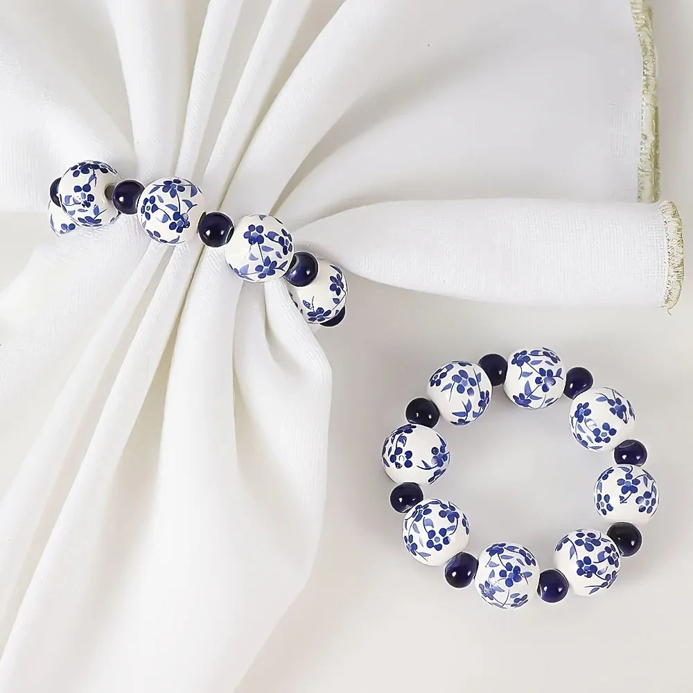 6/12pcs Creative Ethnic Style Hand-Painted Blue And White Beads Napkin Ring Home Table Decoration Napkin Buckle