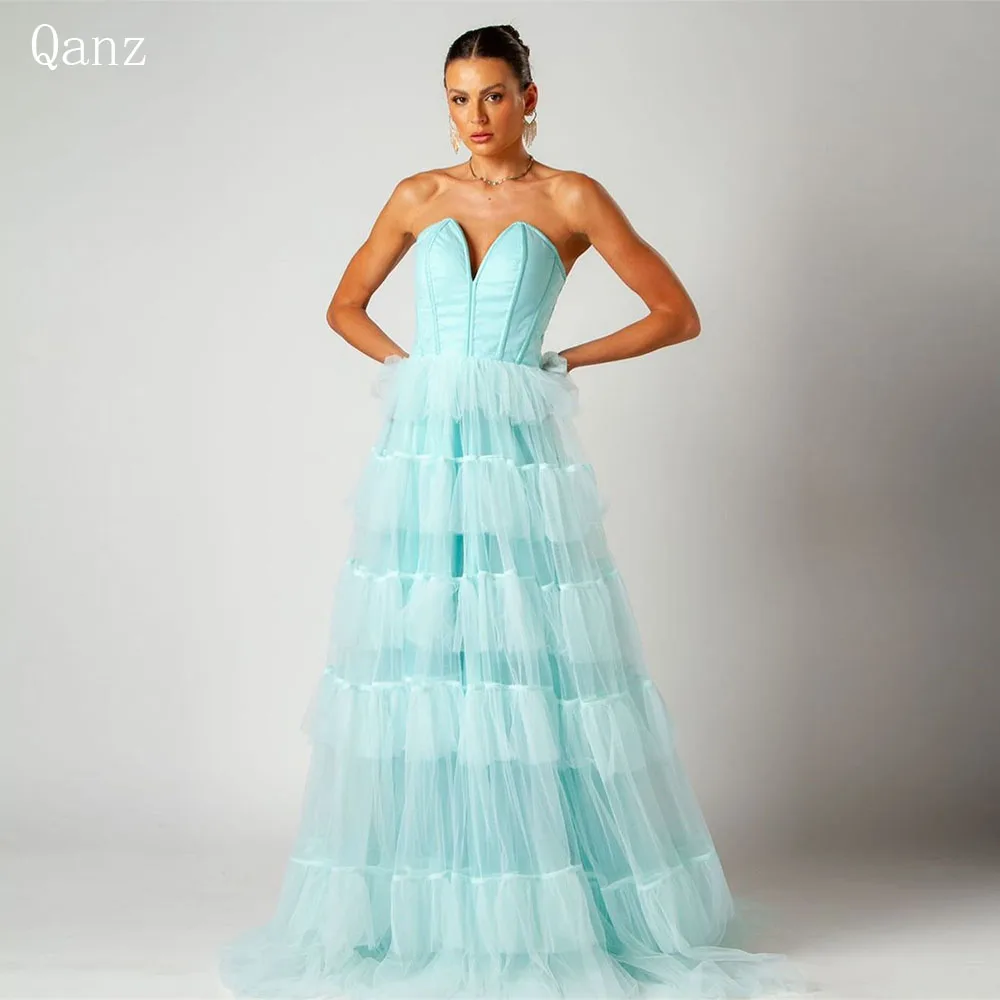 

Qanz Elegant Tulle Event Evening Dresses Plus Size Long A Line Vestido De Gala Ruffles Vestidos Longos Para Eventos Especiais