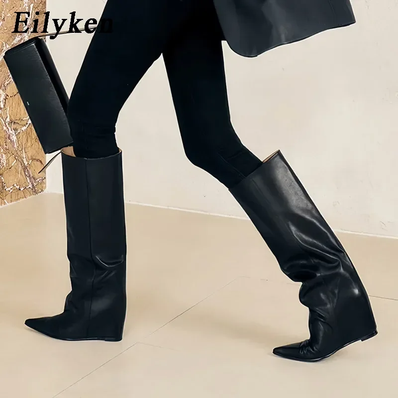 Eilyken Winter Retro Style Pleated Pointed Toe Women's Knee High Boots Comfortable Wedge Heels Ladies Shoes Botas Largas Mujer