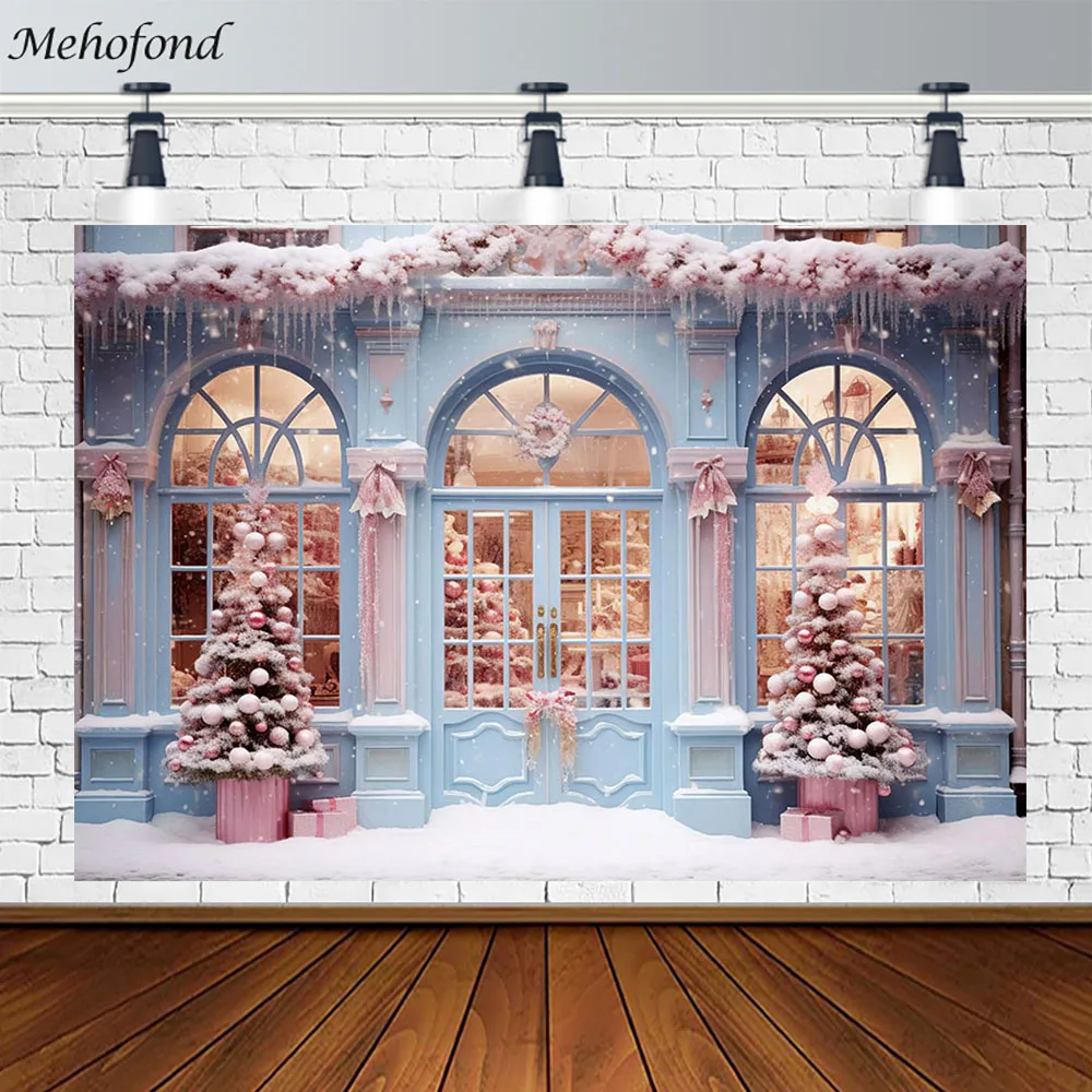 Avezano Christmas Candy Store Backdrops Winter Snow Xmas Tree Outdoor Pink Blue House Portrait Photography Background Photocall