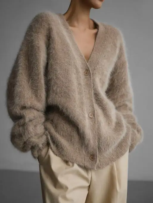 

Imitation Mink Wool Knitted Sweater Cardigan, Lazy and Loose Women's V-Neck Solid Color Sweater Jacket In Autumn and Winter