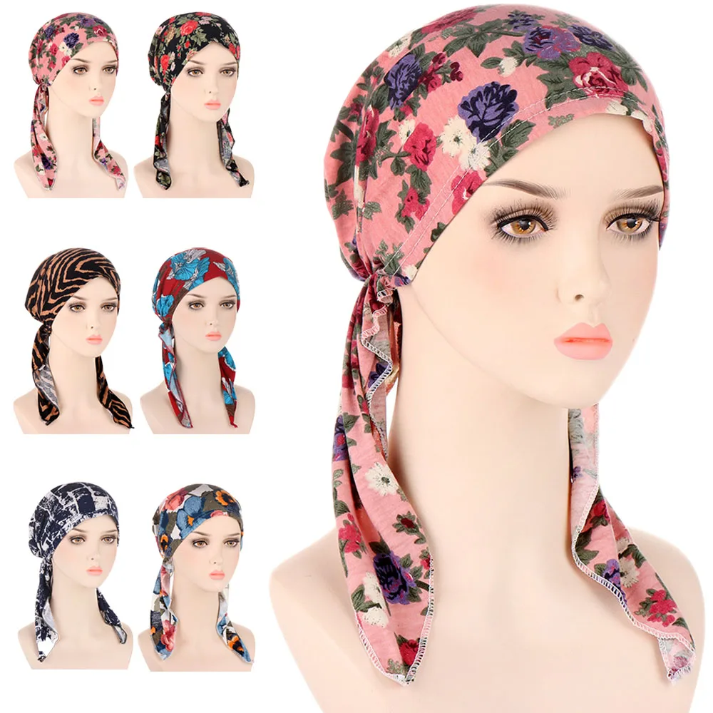 

New Flower Print Pre-Tied Chemo Cap Women Muslim Hijab Turban Long Tails Head Scarf Wrap Bonnet Hat Bandanas Hair Loss Headwear