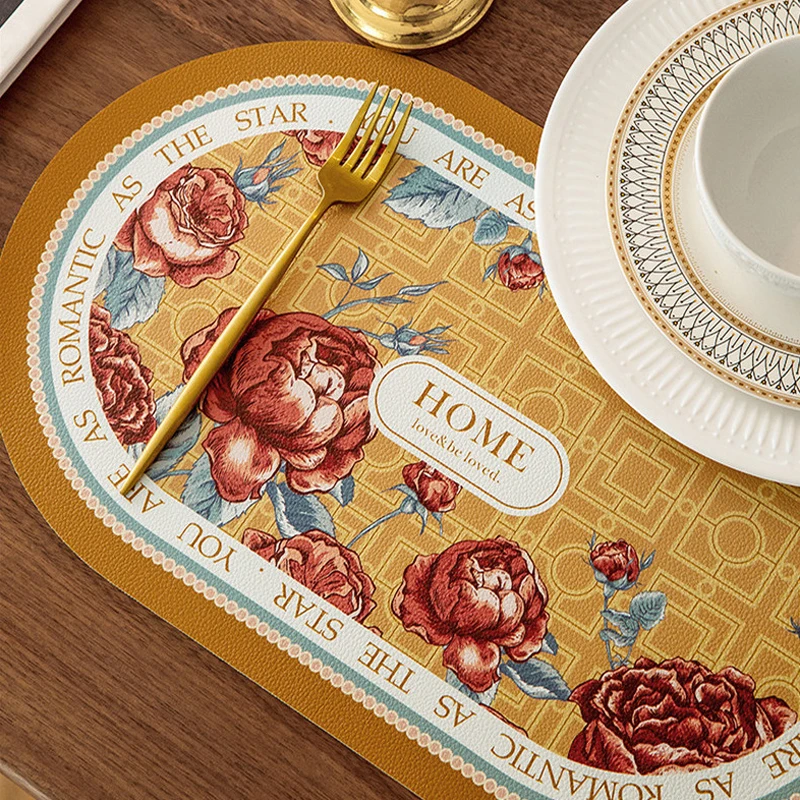 

3 PCS Light Luxury Creative Rose Placemat Nordic Retro Home Waterproof PU Leather Oval Placemat