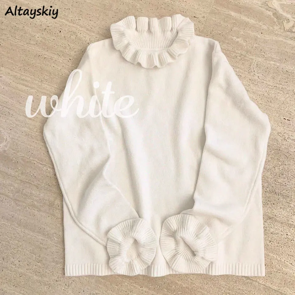 Ruffled Collar Pullovers Women 4 Colors Solid Tender Lovely Sweet Girls All-match Students Preppy Style Casual Sweaters Свитер