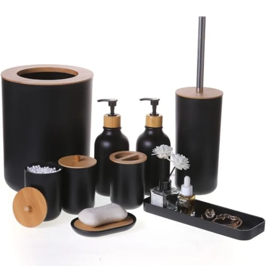 

Matte Bathroom Accessories Set 9PCSBamboo Bathroom Accessories Sets Complete with Trash Can Soap Dispenser and Toothbrush Holde