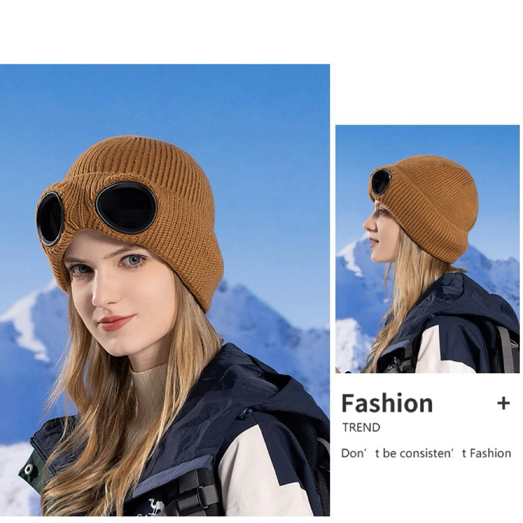 Gorro de punto Unisex con gafas a prueba de viento calentador de invierno gorros de esquí suave cálido antideslizante protección para los oídos Garros