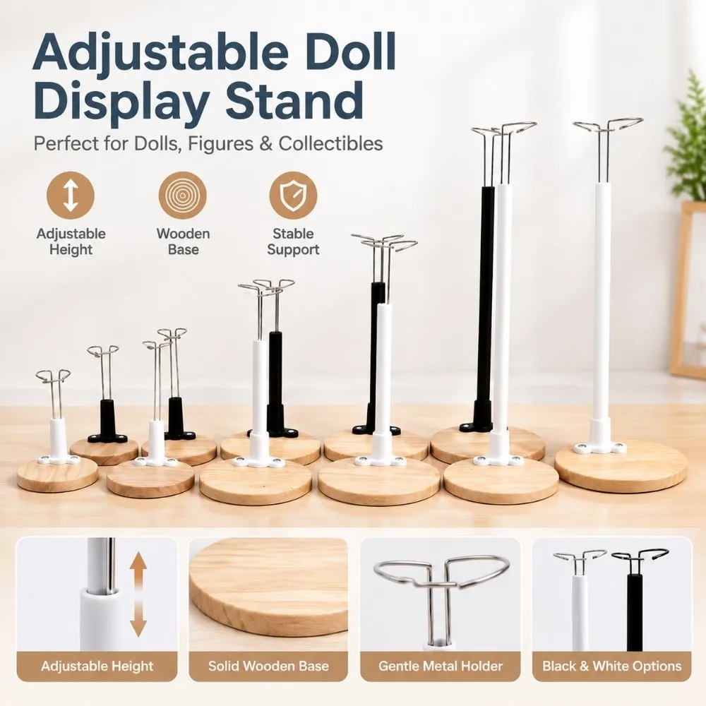 New Adjustable Height Doll Display Stand Wooden Base Metal Wire Support Doll Support Holder Figure Display Stand Collectibles