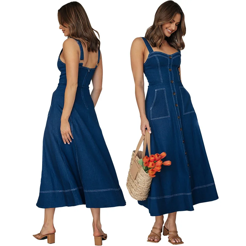 Summer Thin Casual Suspender Long Dress Strapless Solid Single-breasted Slim Fit A Line Denim Dress Women