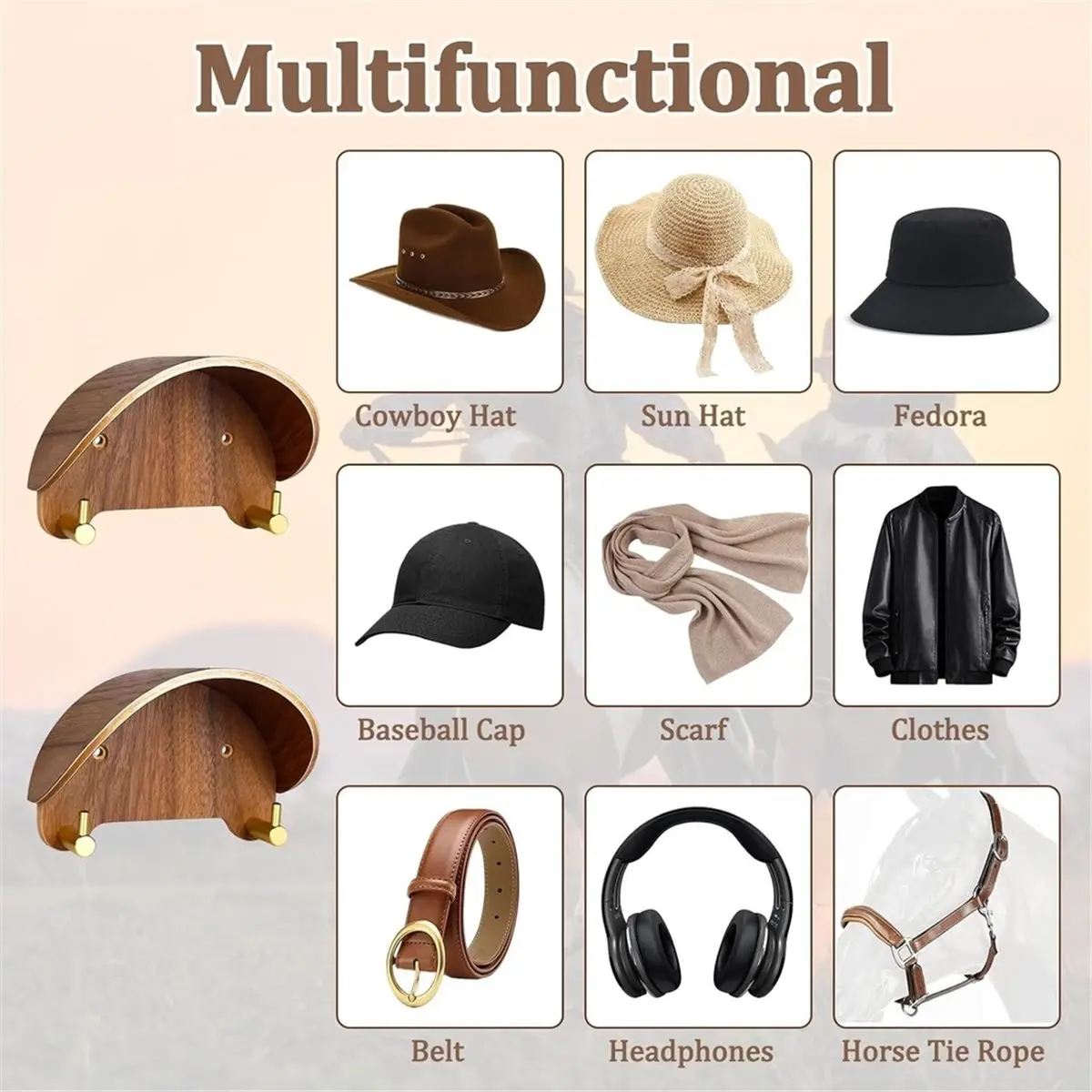 2 Pack Cowboy Hat Rack, Wooden Satin Finish Hat Holder on Wall,Non-Damage Brim Design, for Cowboy Hat, Fedora, Sun Hats