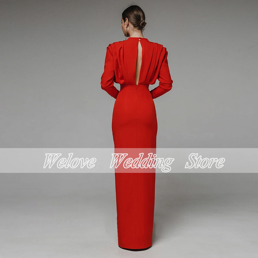 Sheath Unique Prom Dresses Pleat Long Sleeve Side Slit Simple Evening Party Gown For Woman O Neck 2024 Vestidos De Noche Custom