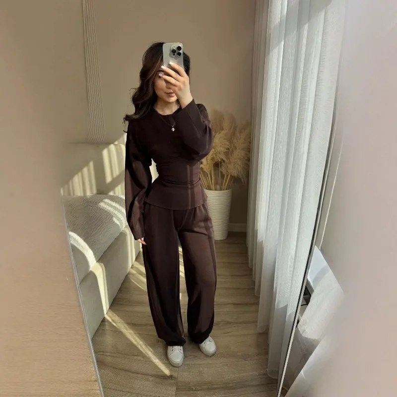 2026 Cross-border Europe America Foreign Trade Women's Clothing Crew Neck Long Sleeve Simple Lace-up Slim Top Wide Leg Pants Set
