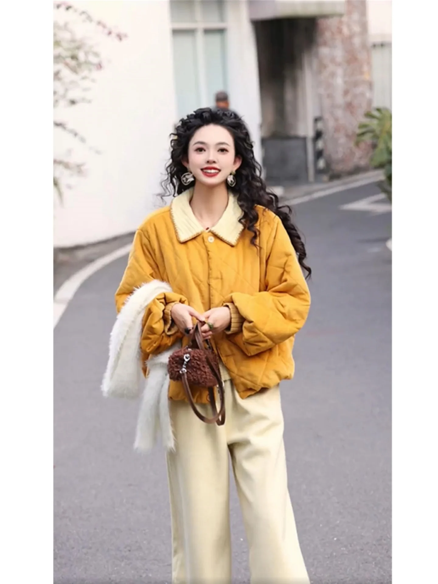 

Retro Hong Kong Sle Loose Fit Cotton Jaet Trendy Women's ort Outerwear Korean Sle Warmth Long Sve Zipper Closure