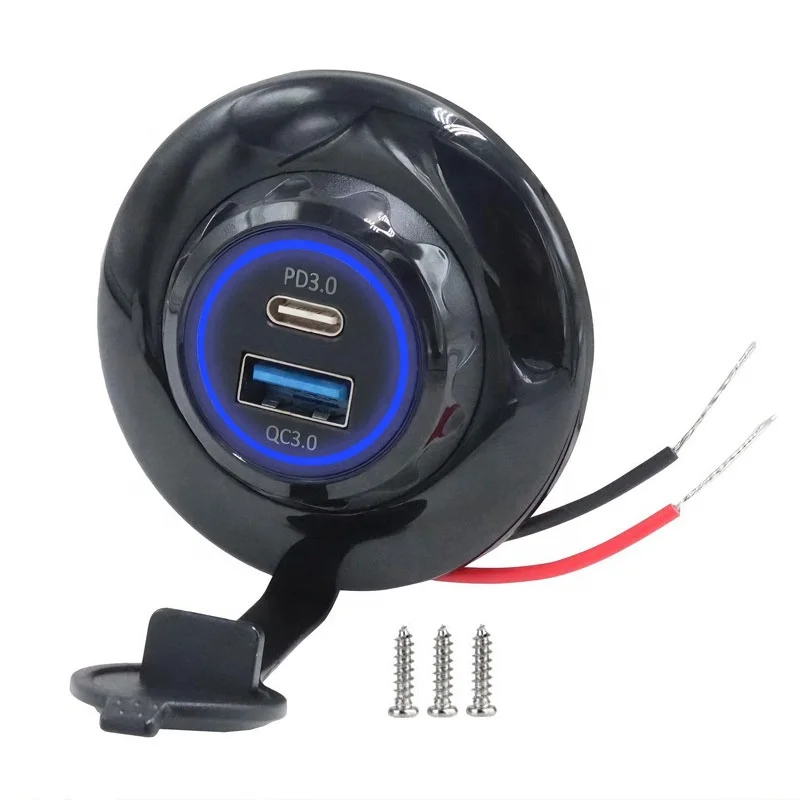 12-24V Panel Mount Car USB-C Socket Charger with 2 Ports PD USB Fast Charging for Mobile Phones