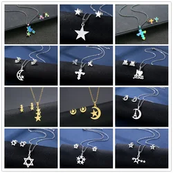Stainless Steel Jewelry Sets Moon Star Jesus Cross Necklaces & Earings Set David Star Pendant Piercing Stud Earring Dropship