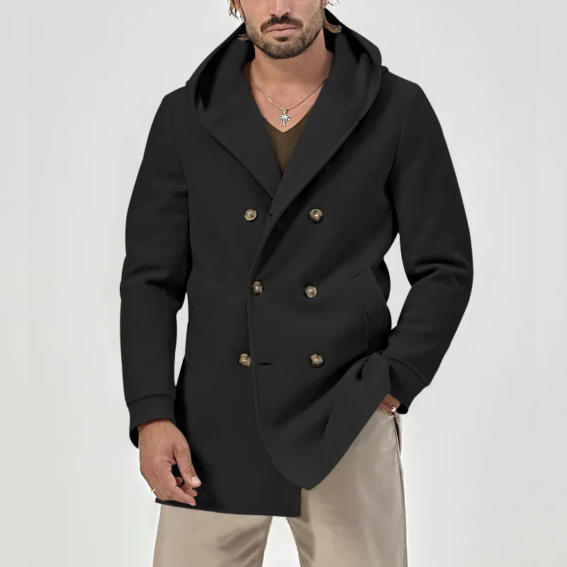 Trench da uomo europeo e americano lungo collo a scatto con cappuccio in cotone composito spaziale doppio petto trench casual