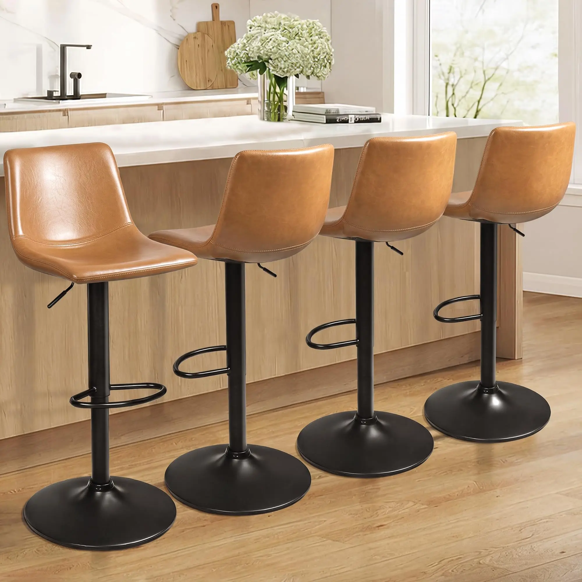 Adjustable Crazy Horse PU Leather Swivel Bar Stools Set of 4 | Modern 350LBS Counter Height Barstools with Ergonomic