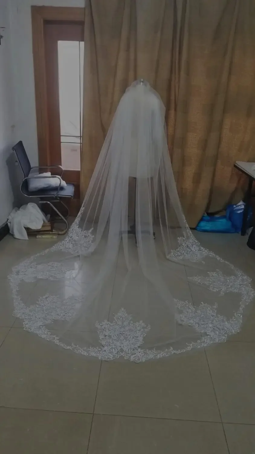 Véu de casamento em igreja com uma camada, véu de champanhe, renda branca, marfim, acessório para casamento