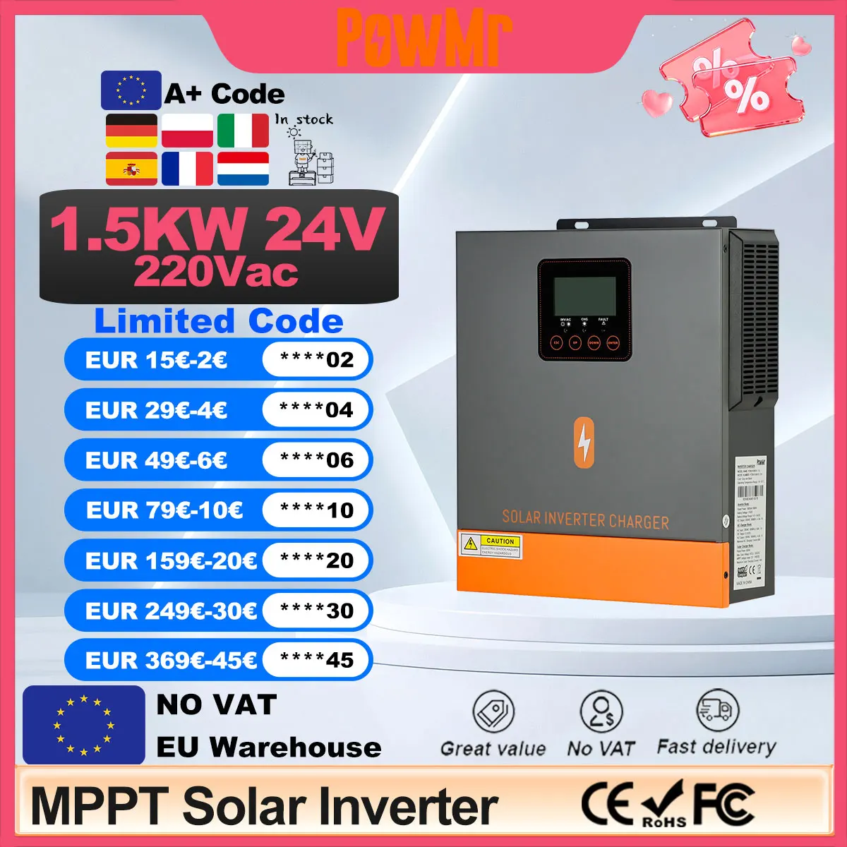 PowMr EU Hybrid-Solarwechselrichter 1,5 kW 24 V, 220 V Ausgang, reine Sinuswelle mit MPPT 80 A Solarladeregler, 150 VDC Niederspannungs-PV-Eingang.