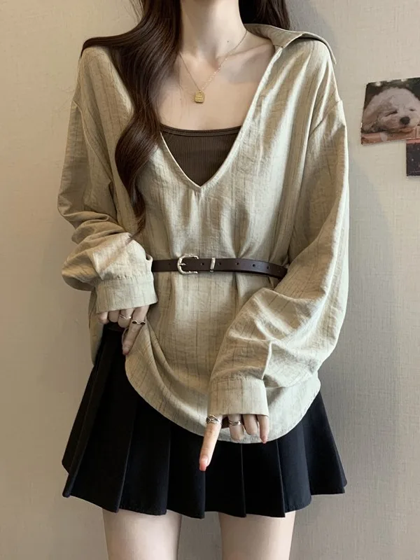 

Elegant Vintage Long Sleeve Shirt Women's Spring plus Size Slim Fit Base Shirt Two Piece Set Commute Korean Loose Fit Low Waist